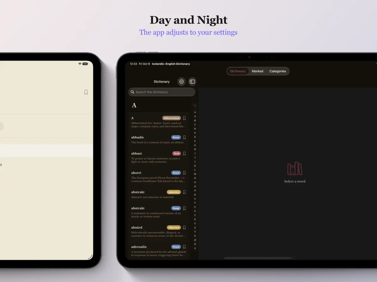 Icelandic-English Dictionary on iPad — dark mode