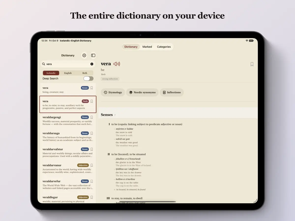 Icelandic-English Dictionary on iPad — an entry with its senses and example sentences