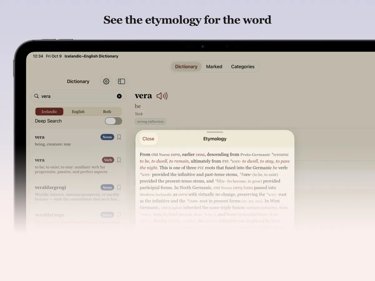 Icelandic-English Dictionary on iPad — etymology