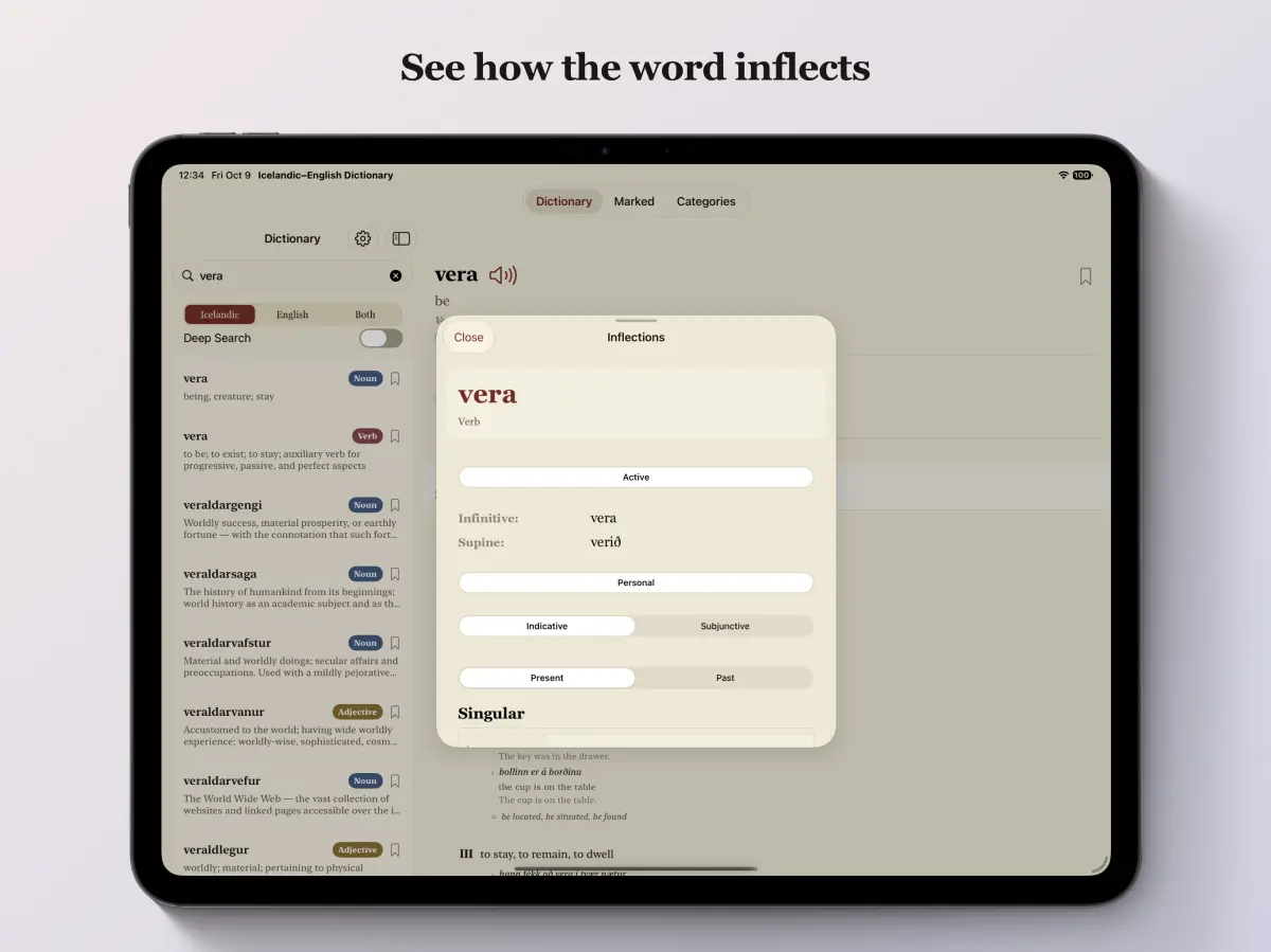 Icelandic-English Dictionary on iPad — inflection tables