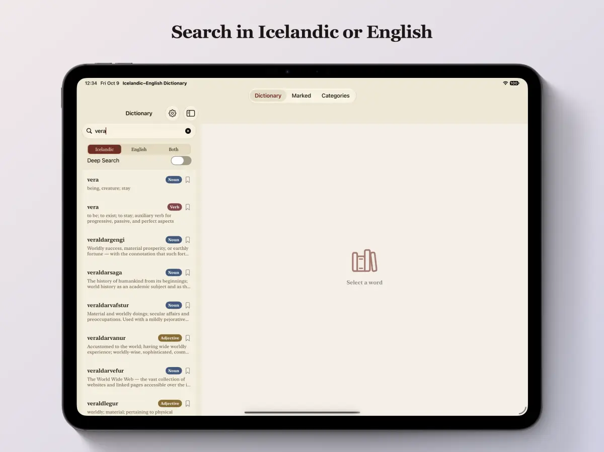 Icelandic-English Dictionary on iPad — search in Icelandic or English
