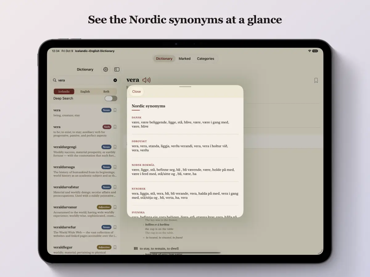 Icelandic-English Dictionary on iPad — Nordic synonyms