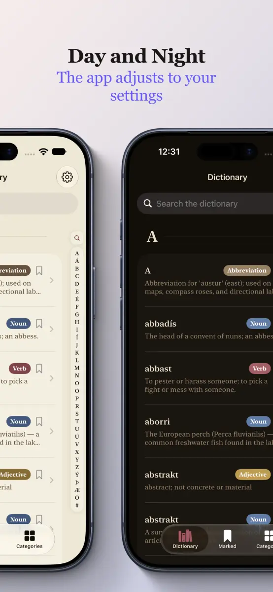 Icelandic-English Dictionary on iPhone — dark mode