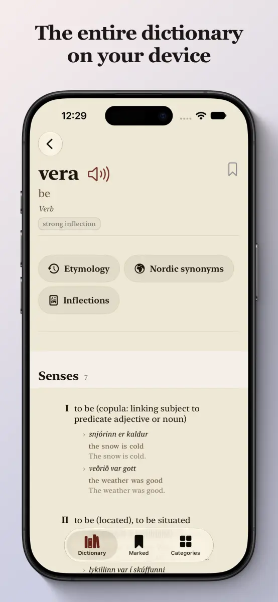 Icelandic-English Dictionary on iPhone — an entry with its senses and example sentences
