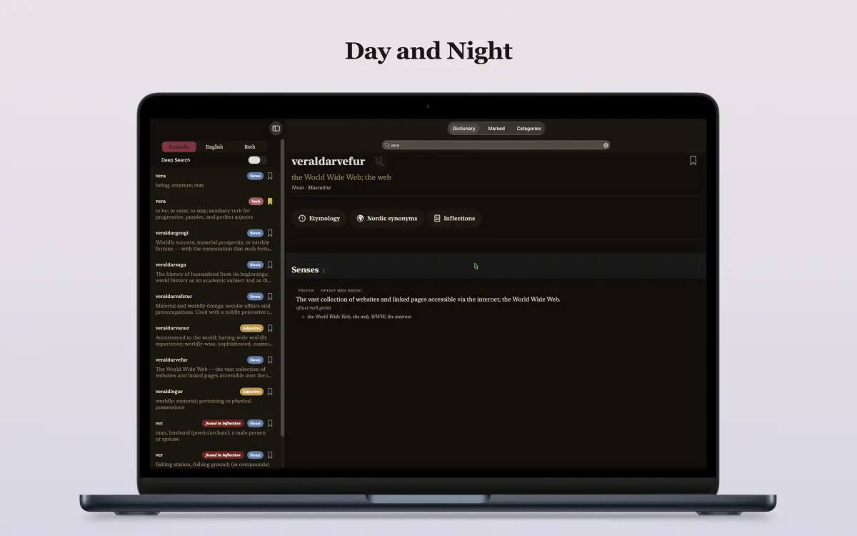 Icelandic-English Dictionary on Mac — dark mode
