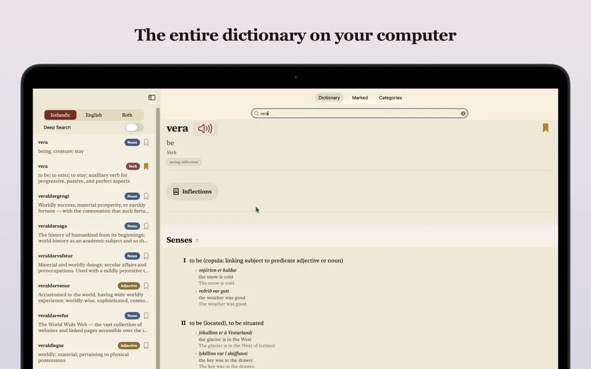 Icelandic-English Dictionary on Mac — an entry with its senses and example sentences