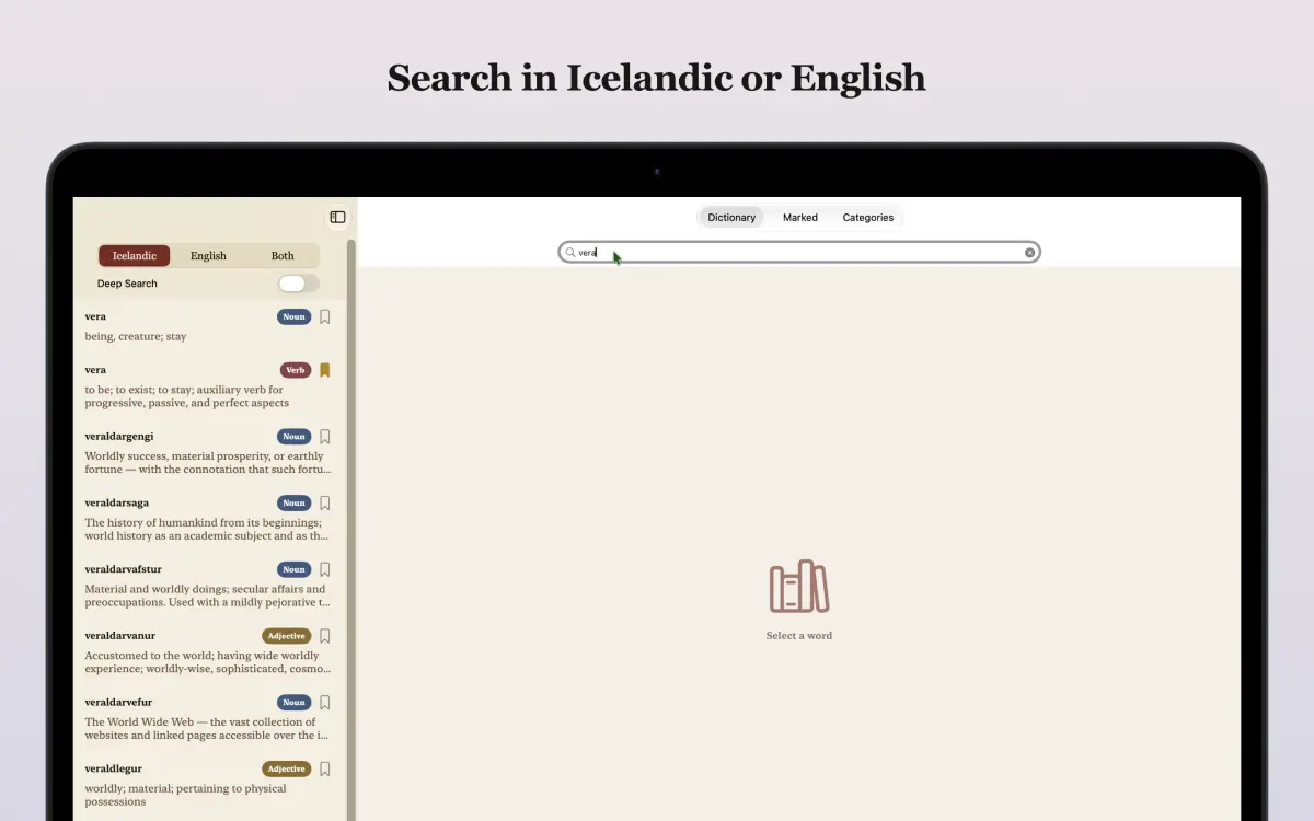 Icelandic-English Dictionary on Mac — search in Icelandic or English