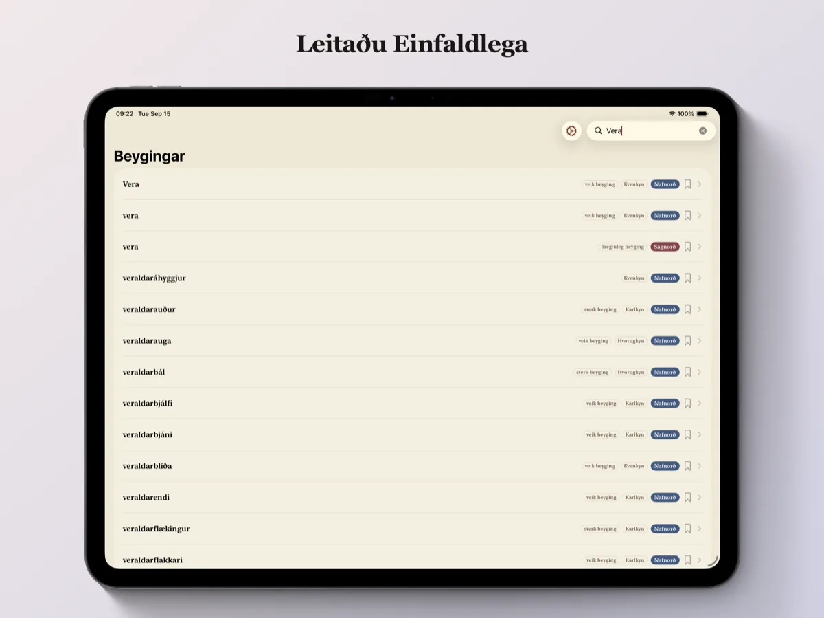 Íslenskar Beygingar á iPad — leit