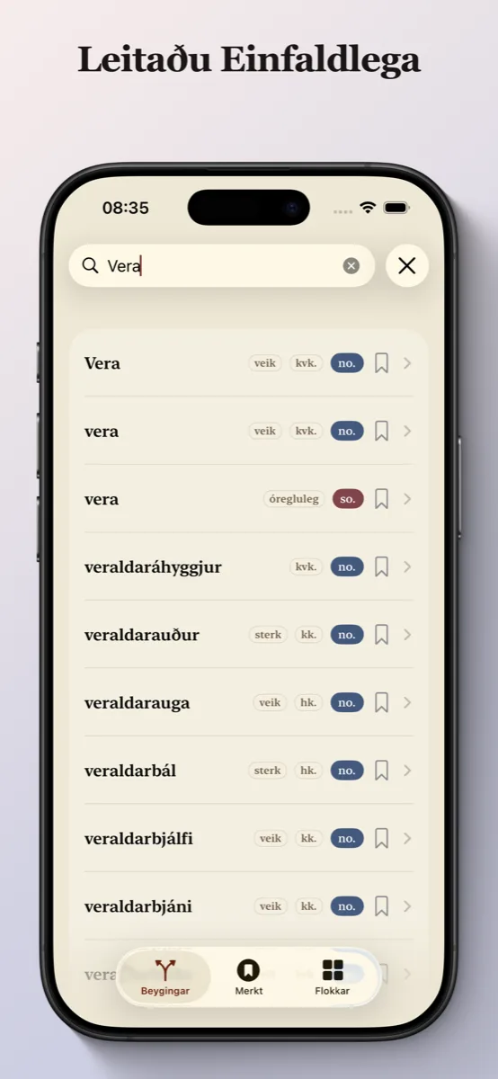 Íslenskar Beygingar á iPhone — leit