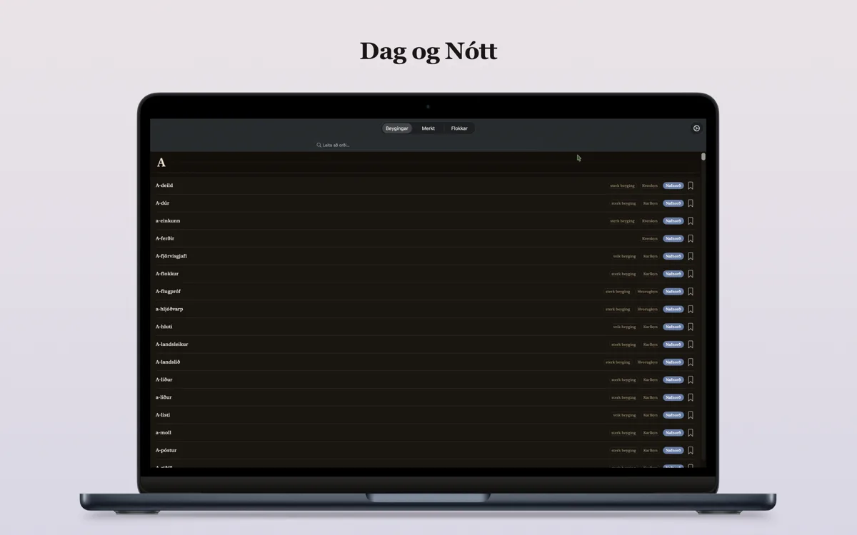 Íslenskar Beygingar á Mac — dökkt þema