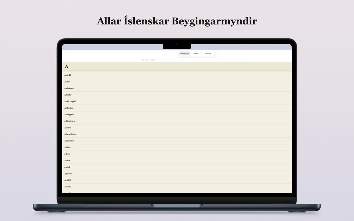 Íslenskar Beygingar á Mac — aðalskjár